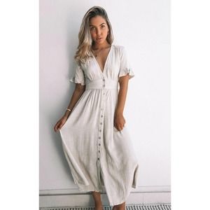 Petal And Pup 100% Linen Midi Dress Miraloma Size 8 Pockets Mia Flutter Sleeve